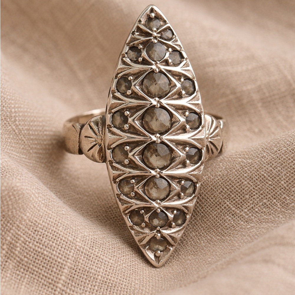 Custom Silver Coin Shield Ring (Smoky Glass Stones) Size 8